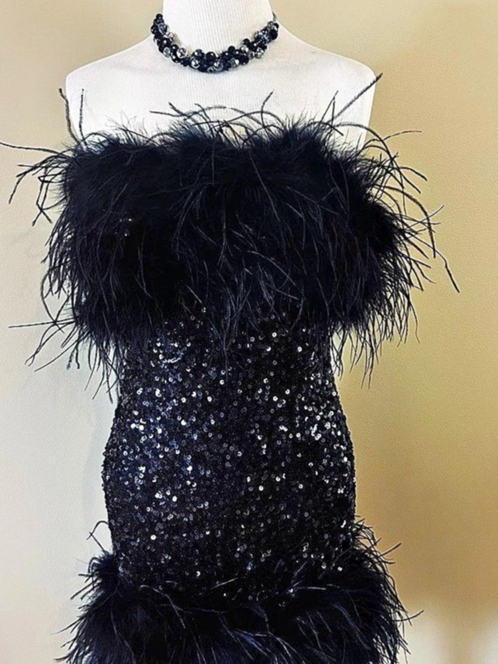 Black Sequin Feather Trim Mini Dress Like New